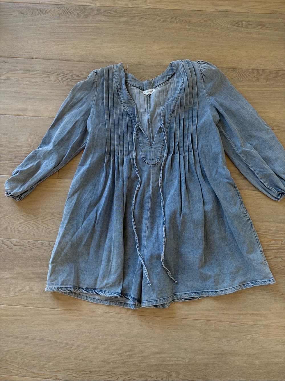 Denim-Style Blue Romper with Pintuck Details and Pockets!
